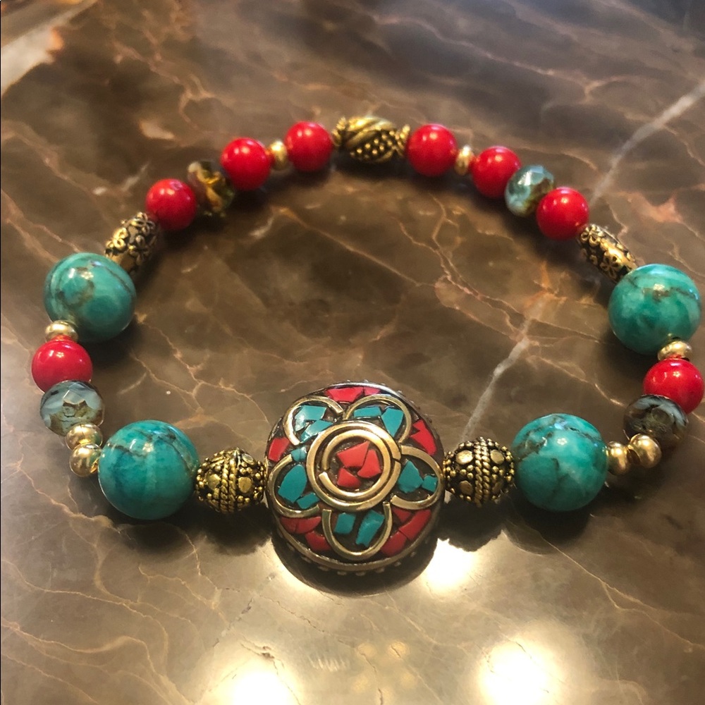 Turquoise & Red  coral Bead Statement Bracelet - Artisan Style